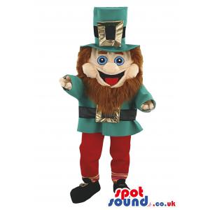 Dwarf mascot in black shoe with a green shirt & cap with red