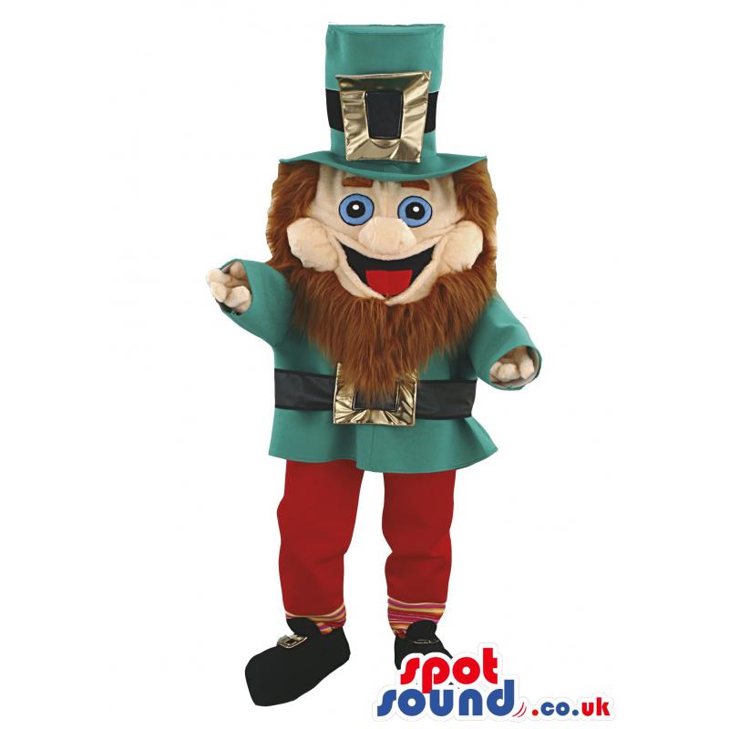 Dwarf mascot in black shoe with a green shirt & cap with red
