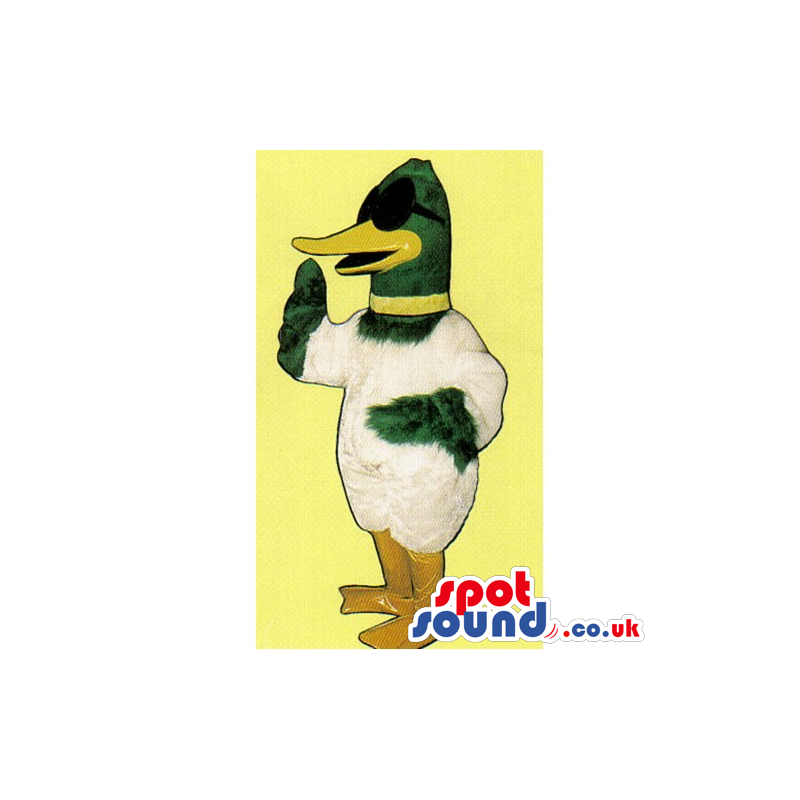Customizable White And Green Duck Mascot Wearing Sun Glasses -
