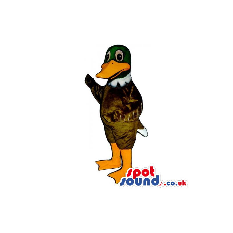 Customizable Dark Brown And Green Duck Mascot With Orange Beak