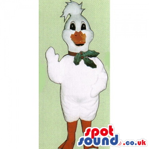 White Goose Or Duck Mascot Wearing A Green Neck Bow - Custom