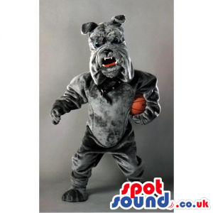 Customizable Plain Grey Bulldog Mascot With A Basket Ball -