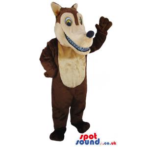Brown-white dog mascot with pointed ears and waving his hand -