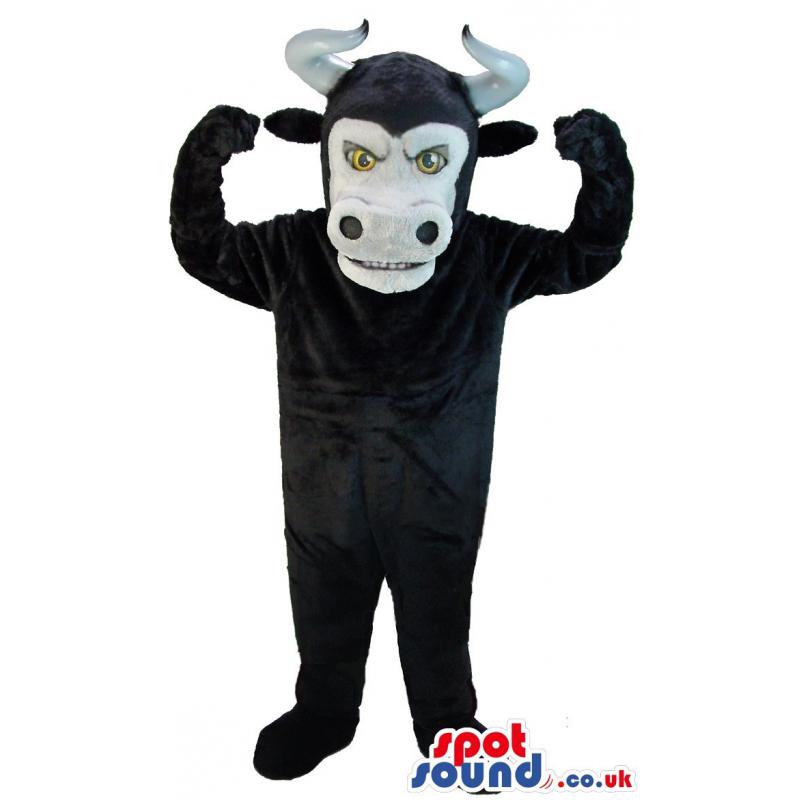 Black bull mascot with horn and raising hands with amazed look