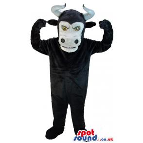 Black bull mascot with horn and raising hands with amazed look