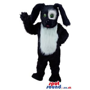 Cute black furry puppy mascot standing to say hi to you -