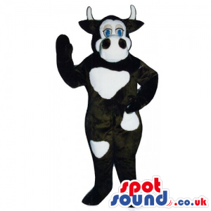 Customizable Cow Mascot In Black With White Spots And Blue Eyes