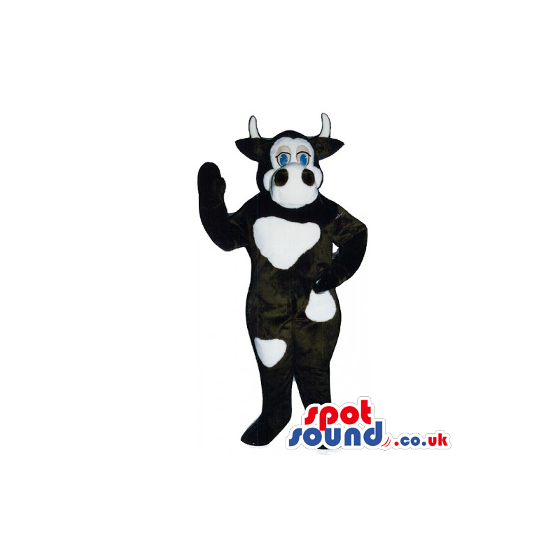 Customizable Cow Mascot In Black With White Spots And Blue Eyes