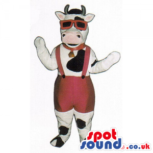 Customizable Cow Mascot Wearing Red Sunglasses And Overalls -