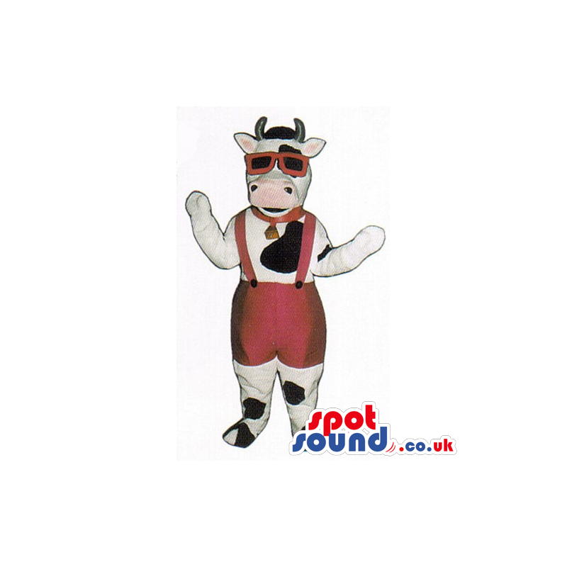 Customizable Cow Mascot Wearing Red Sunglasses And Overalls -