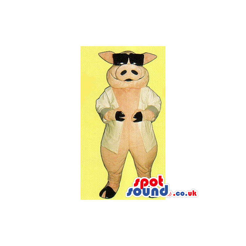 Customizable Pig Mascot Wearing A Jacket And Sunglasses -