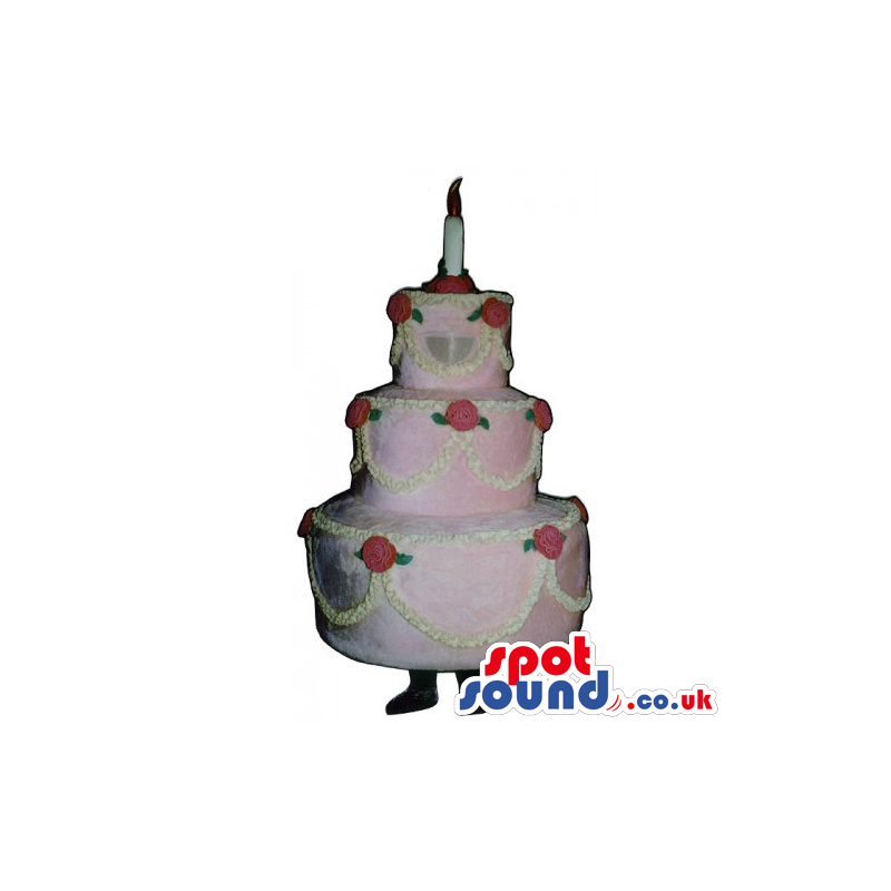 Customizable Pink Cake Mascot With A Candle And Roses - Custom