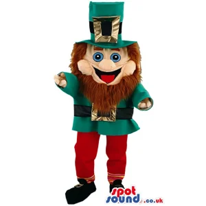Dwarf mascot in black shoe with a green shirt & cap with red