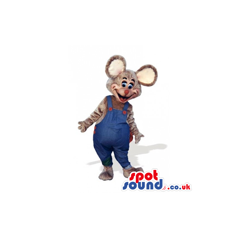 Customizable Grey Plush Mouse Mascot Wearing Overalls - Custom
