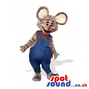 Customizable Grey Plush Mouse Mascot Wearing Overalls - Custom