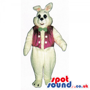 White Rabbit Mascot Wearing A Pink Vest And A Green Bow Tie -