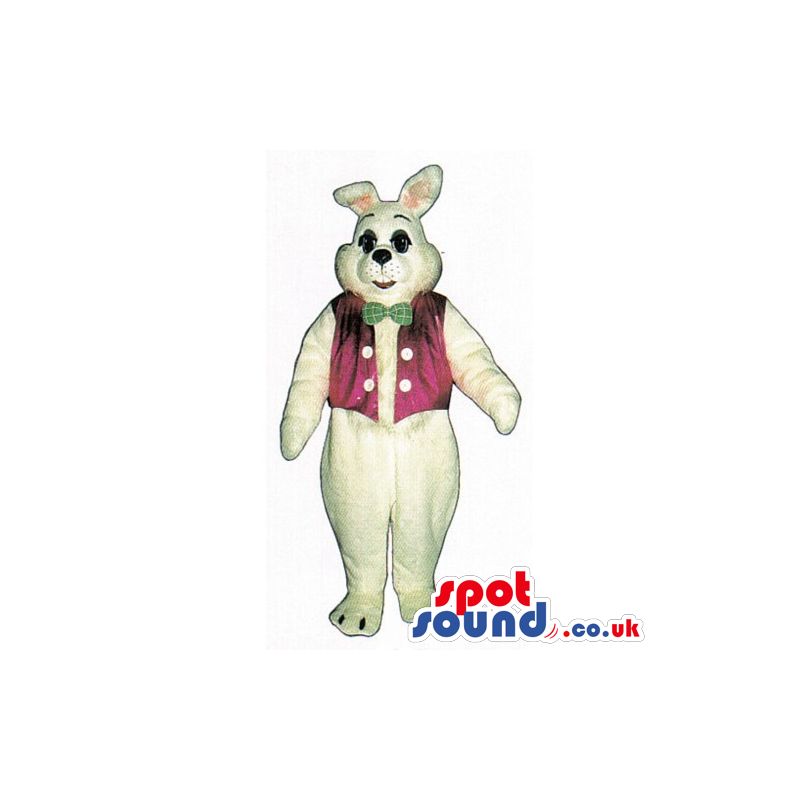 White Rabbit Mascot Wearing A Pink Vest And A Green Bow Tie -
