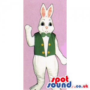 White Rabbit Mascot Wearing A Green Vest And A Checked Bow Tie