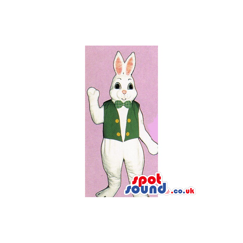 White Rabbit Mascot Wearing A Green Vest And A Checked Bow Tie