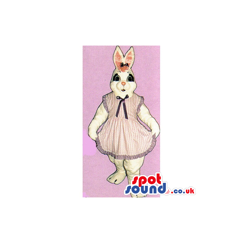 White Girl Rabbit Mascot Wearing A Beautiful Striped Dress -
