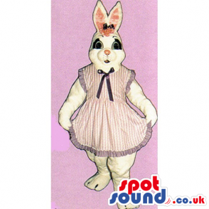 White Girl Rabbit Mascot Wearing A Beautiful Striped Dress -