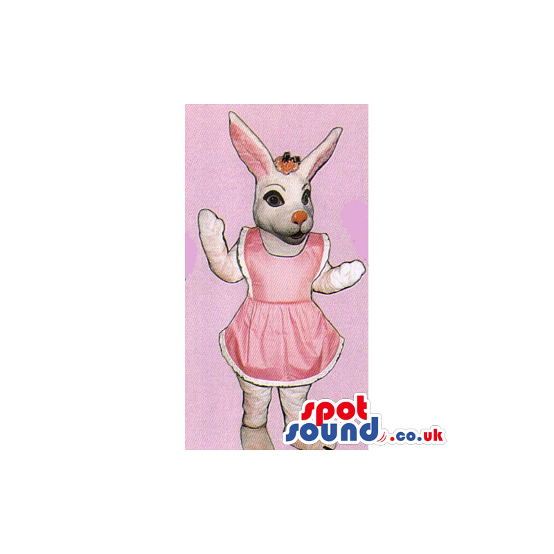 White Girl Rabbit Mascot Wearing A Pink Dress Or Apron - Custom