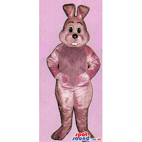 Plain Pink Rabbit Mascot With Bent Ears And Showing Teeth -