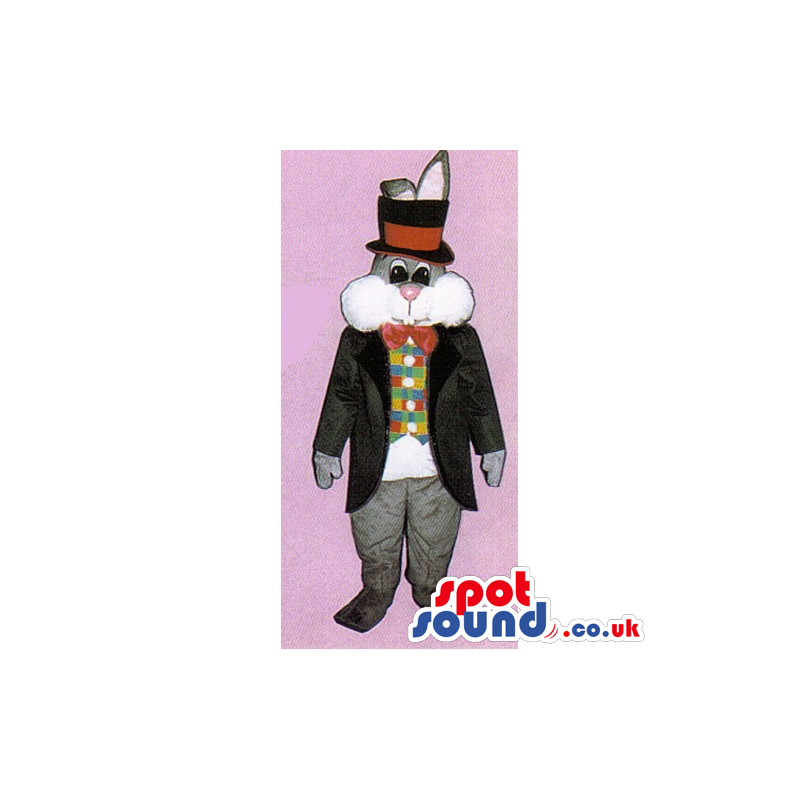 Grey Rabbit Mascot Wearing An Elegant Jacket And Top Hat -