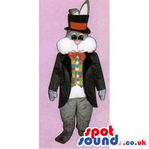 Grey Rabbit Mascot Wearing An Elegant Jacket And Top Hat -