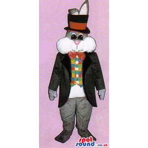 Grey Rabbit Mascot Wearing An Elegant Jacket And Top Hat -