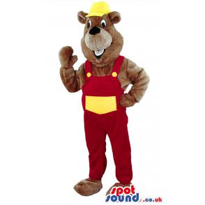 Brown bear mascot with red jumper and with yellow hat - Custom