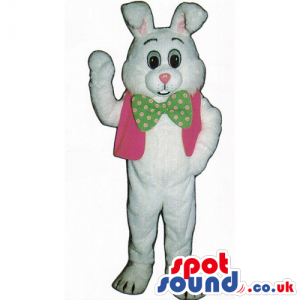 Customizable White Rabbit Mascot Wearing A Pink Vest And Bow