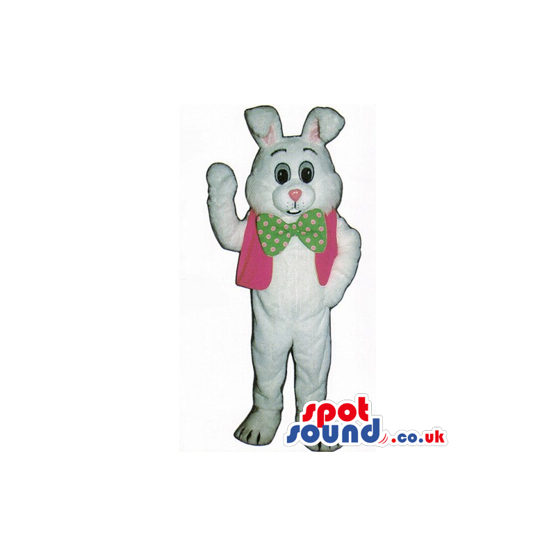 Customizable White Rabbit Mascot Wearing A Pink Vest And Bow