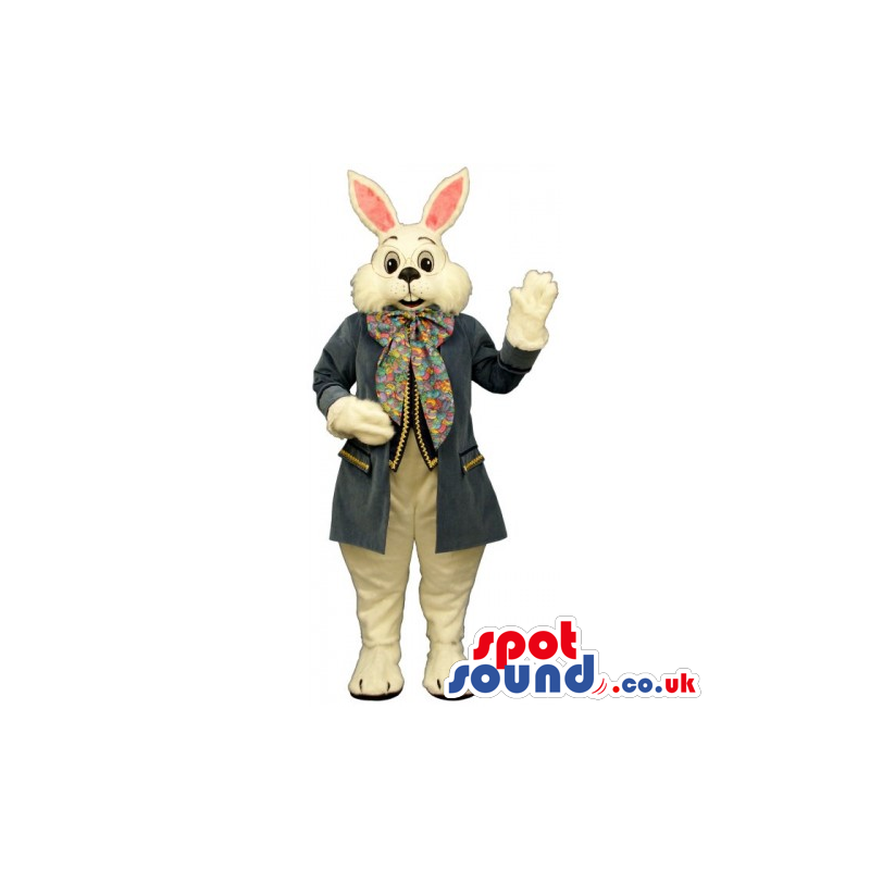 Customizable White Rabbit Mascot Wearing Elegant Old-Style