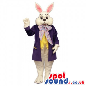 Customizable White Rabbit Mascot Wearing Elegant Old-Style