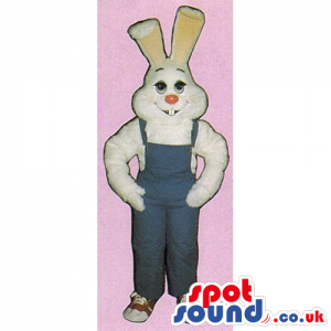 White Rabbit Mascot With Pink Nose Wearing Blue Overalls -