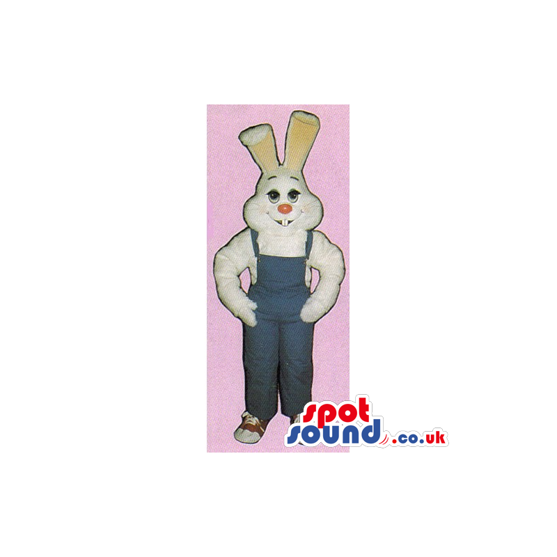 White Rabbit Mascot With Pink Nose Wearing Blue Overalls -