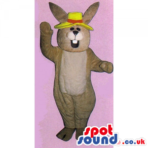 Customizable Brown Rabbit Mascot With Yellow And Red Hat -