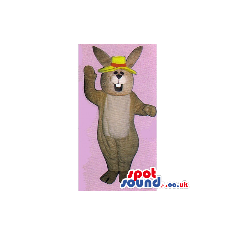 Customizable Brown Rabbit Mascot With Yellow And Red Hat -