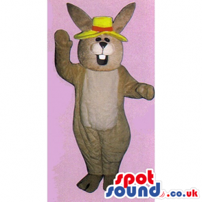 Customizable Brown Rabbit Mascot With Yellow And Red Hat -