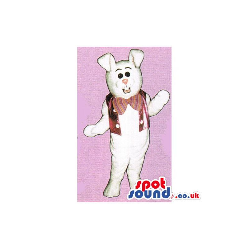 Customizable White Rabbit Mascot Wearing A Red Vest And Bow Tie