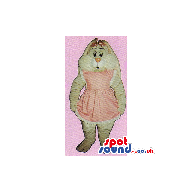 Customizable Beige Rabbit Mascot Wearing A Pink Dress And