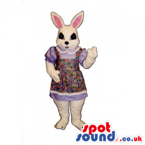 Customizable White Rabbit Mascot Wearing A Flower Dress -