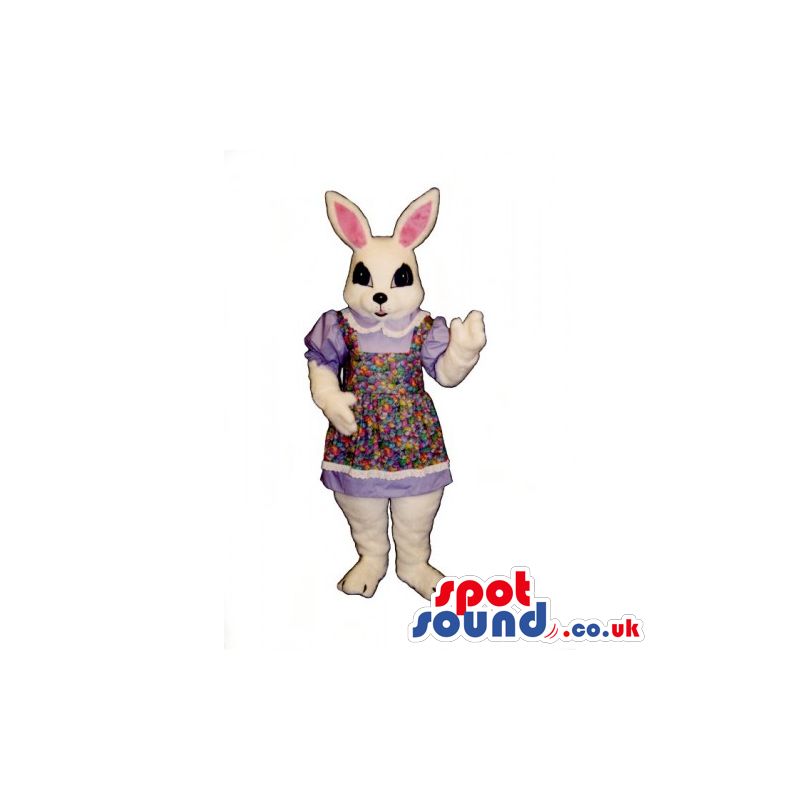 Customizable White Rabbit Mascot Wearing A Flower Dress -