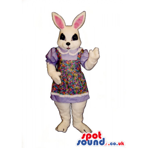 Customizable White Rabbit Mascot Wearing A Flower Dress -