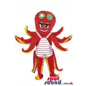 Octopus mascot in red colour with eight tentacles with shades -