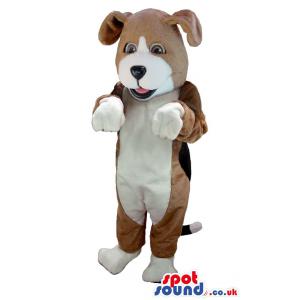 Brown-white dog mascot with long ears and waving his hand -