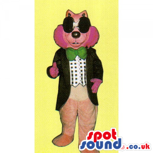 Customizable Pink Cat Mascot Wearing A Jacket, Vest And A Bow