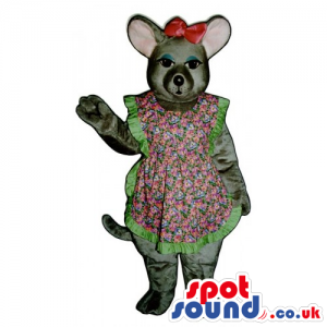 Grey Girl Mouse Animal Mascot Wearing A Dress And Red Ribbon -