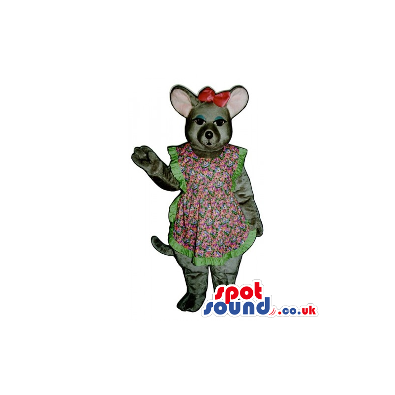 Grey Girl Mouse Animal Mascot Wearing A Dress And Red Ribbon -